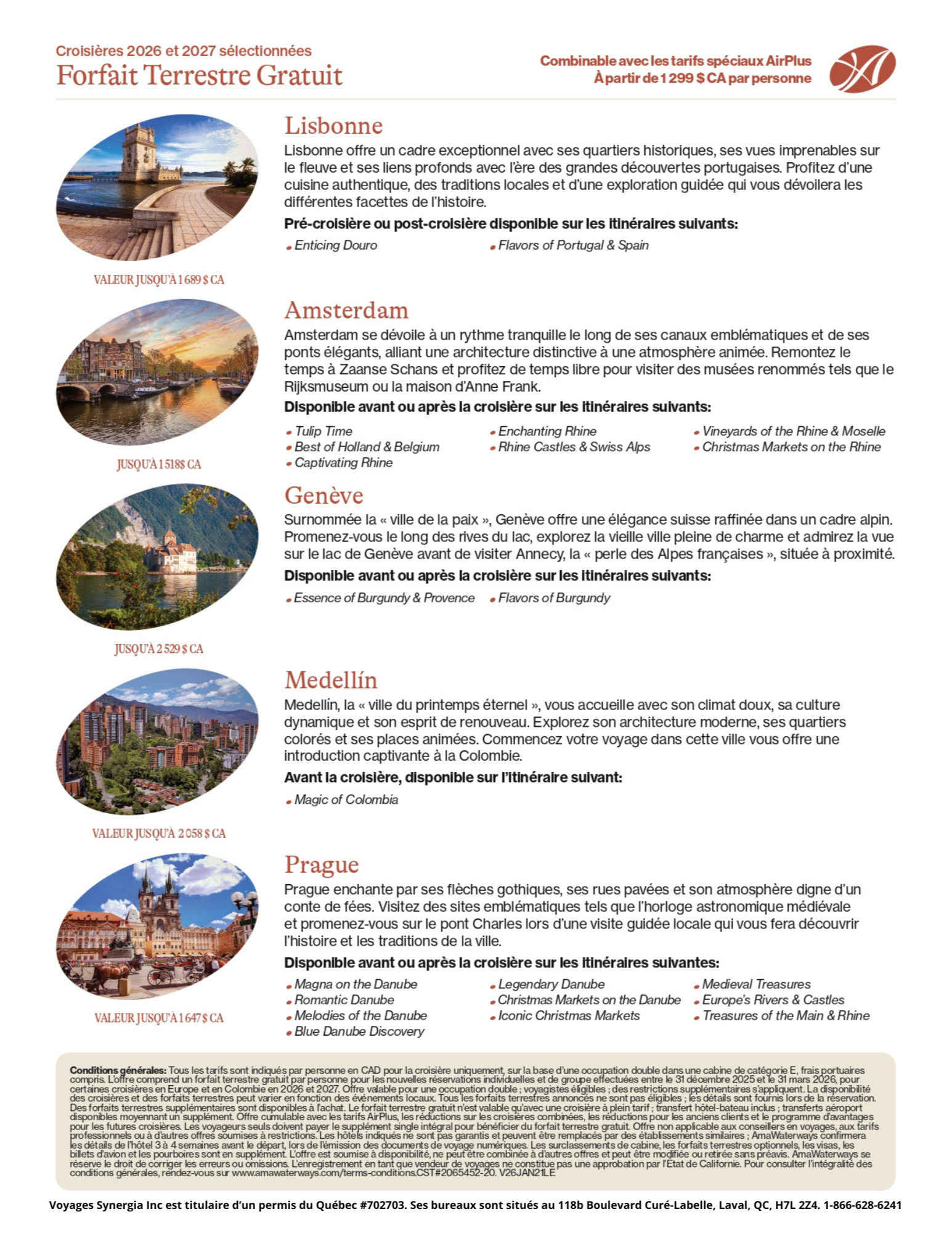 Promotion AmaWaterways Croisière Fluviale - Forfaits Terrestres Gratuits sur certains départs en 2026 et 2027 avec Voyages Aqua Terra Hautes-Laurentides AMAWATEREWAYS PROMOTION Flyer SECTION-1b Flyer FR