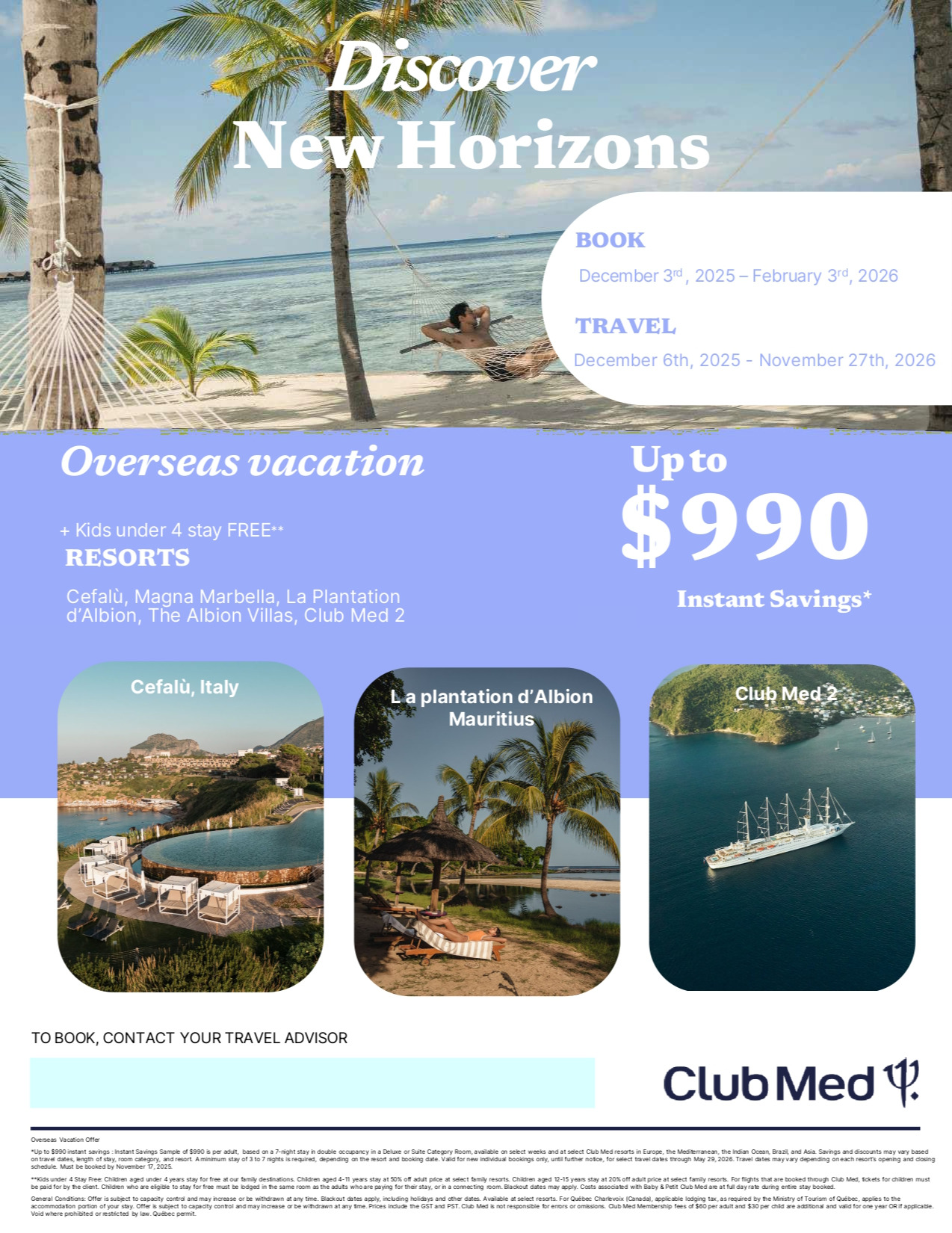 Promotions Club Med Offre Séjours Lointains Jusqu'à 990$ de rabais avec Voyages Aqua Terra Hautes-Laurentides CLUB MED PROMOTION Flyer SECTION-3B EN