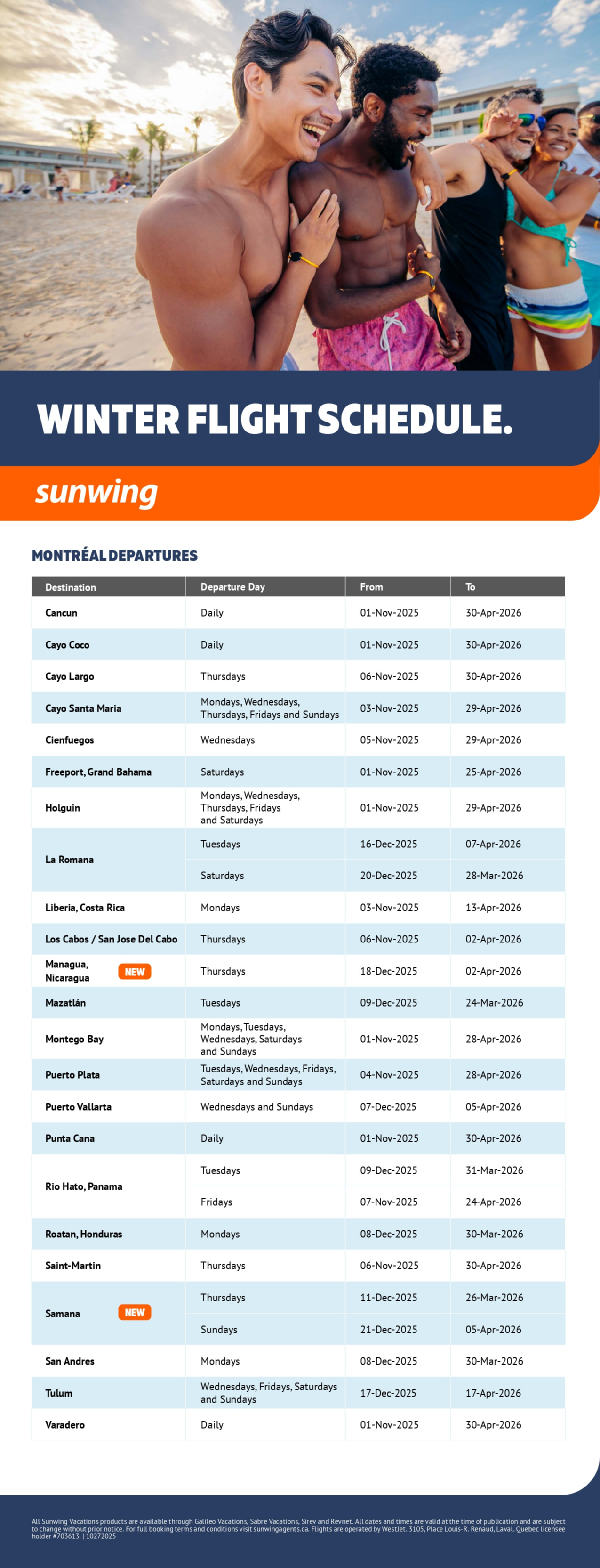 Sunwing Vacations winter flight schedule with Voyages Aqua Terra Hautes-Laurentides Sunwing Vacations winter flight schedule with Voyages Aqua Terra Hautes-Laurentides
