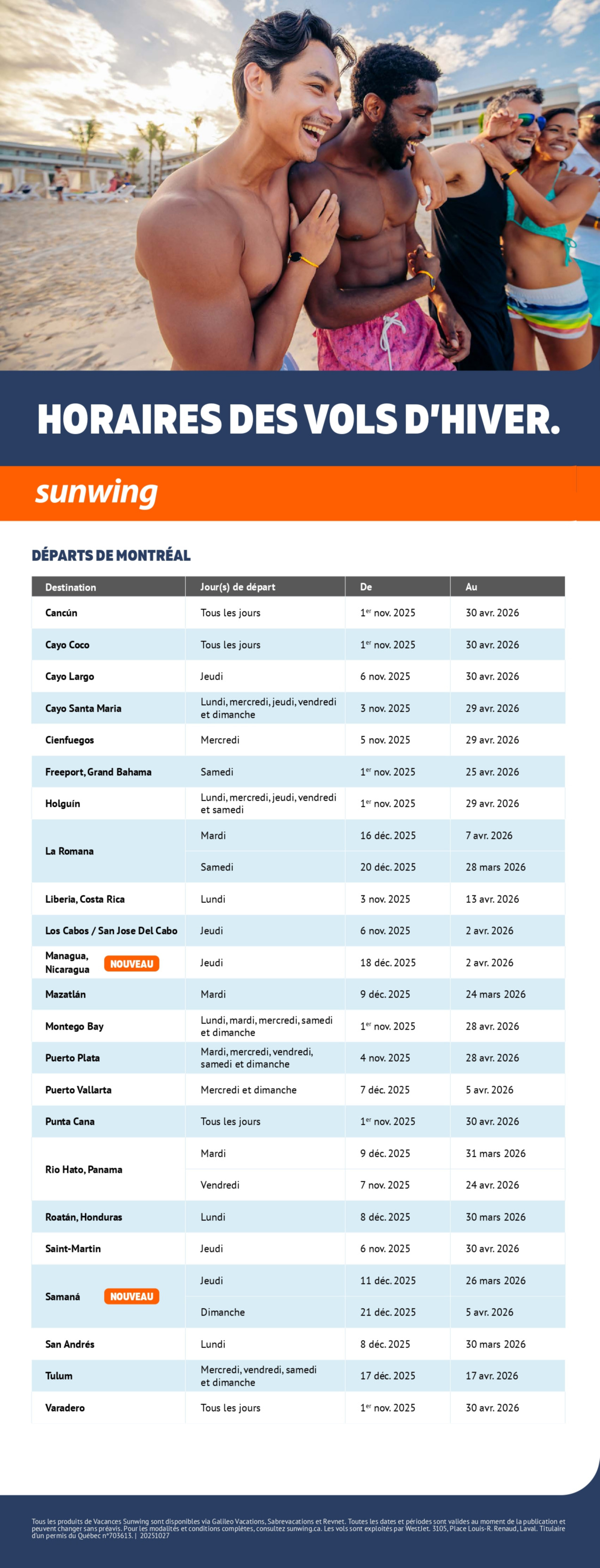 Horaires des vols d'hiver Vacances Sunwing avec Voyages Aqua Terra Hautes-Laurentides SUNWING PROMOTION Flyer SECTION-10 Flyer FR
