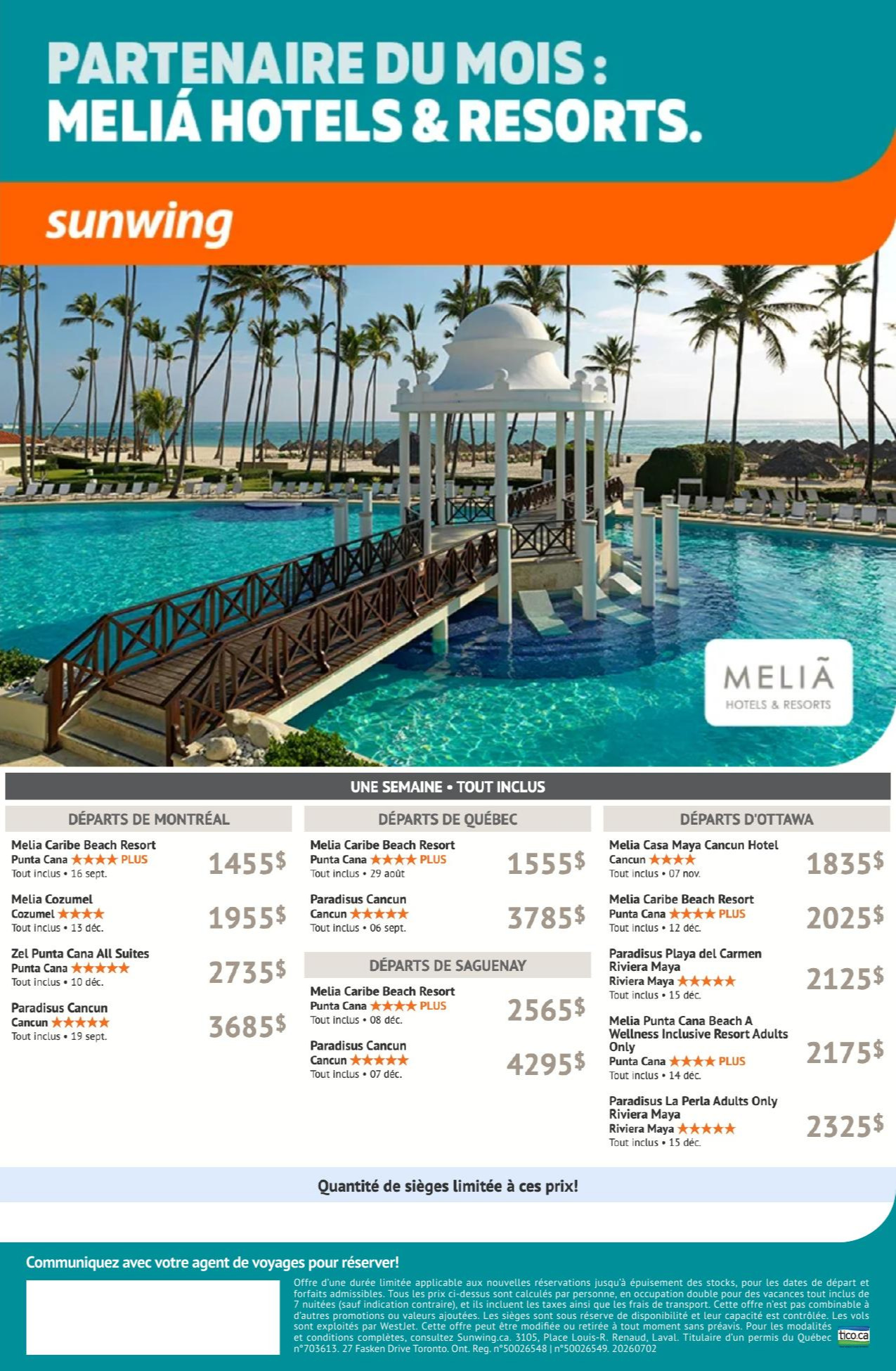 Promotion Sunwing partenaire du mois : Melia Hotels & Resorts avec Voyages AquaTerra Hautes-Laurentides Promotion Sunwing partenaire du mois : Melia Hotels & Resorts avec Voyages AquaTerra Hautes-Laurentides